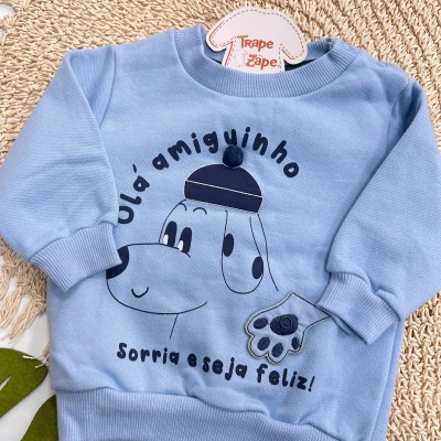  Inverno 2025 - Conj. Casaco "Olá Amiguinho" e Calça Moletinho - Azul Claro e Marinho